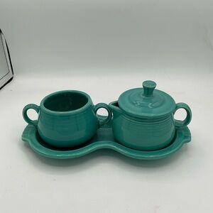 Fiesta Teal Ceramic Sugar and Creamer Set with platter